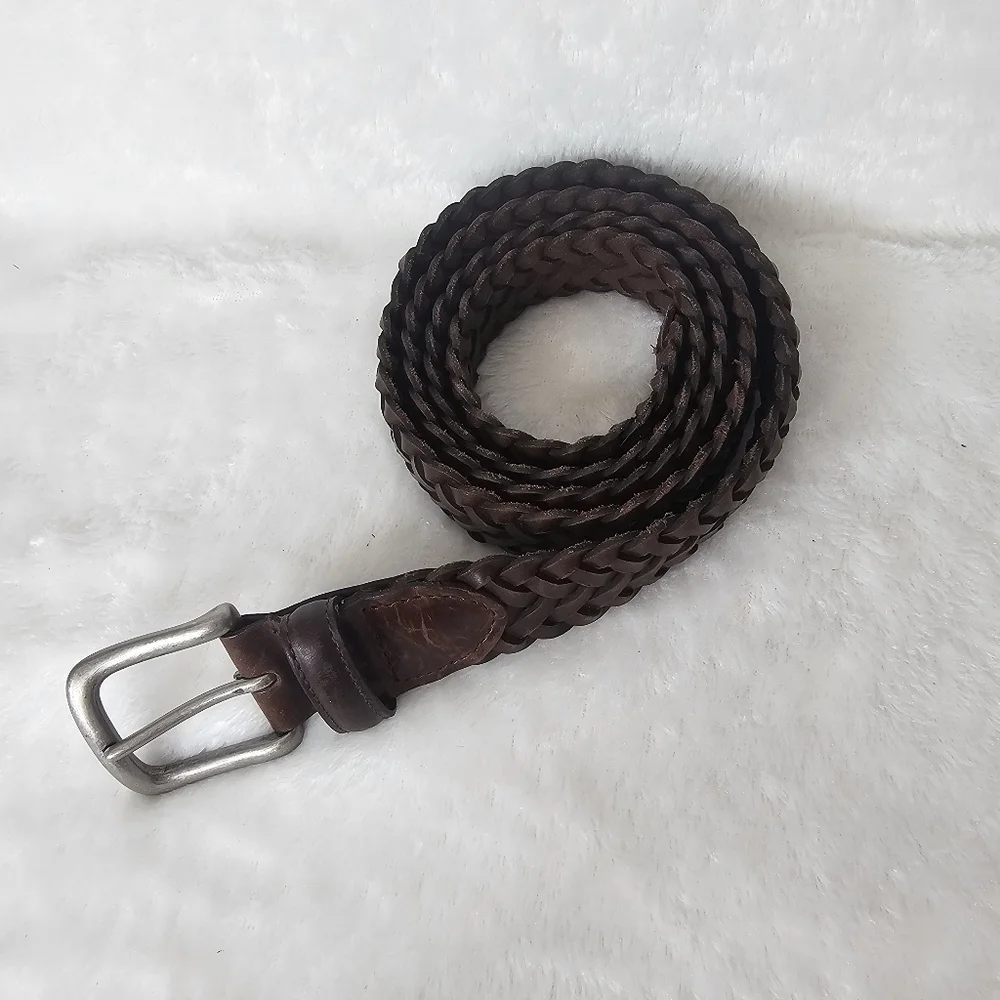 Genuine Brown Leather Braided Belt Solid‎ Brass Buckle 42 / 105